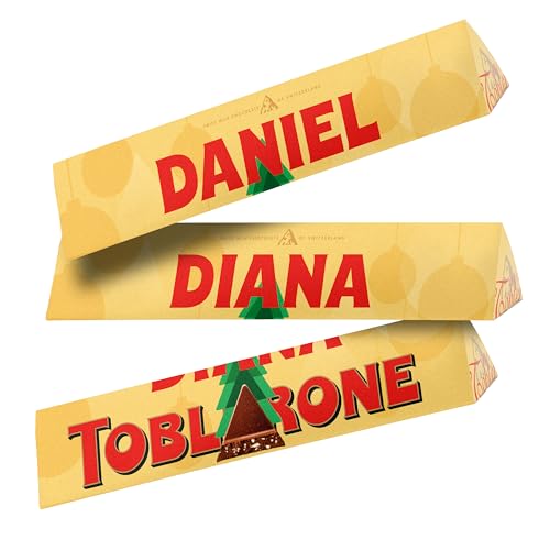Made in Gift Pack de Tres Barras de Chocolate Suizo con Leche y Almendras de 100 gramos Toblerone Personalizadas con Nombre o Texto y Árbol de Navidad con Diseño en Colores (Amarillo)