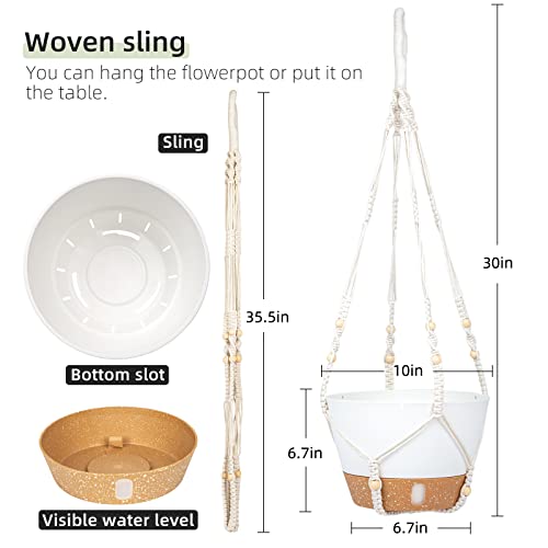 Qcqhdu 2 Pack Macrame Plant Hanger Hanging Planters Set,10 Inch Indoor Outdoor Hanging Plant Pot Basket,Hanging Flower Pot With Drainage Hole With For Garden Home(White) #TOP1