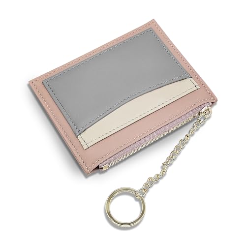 Credit Card Holder Wallet for Women, PU Leather Minimalist Wallet with Key Ring 4 Card Slots 1 Zipper Pocket (Pink and Grey)