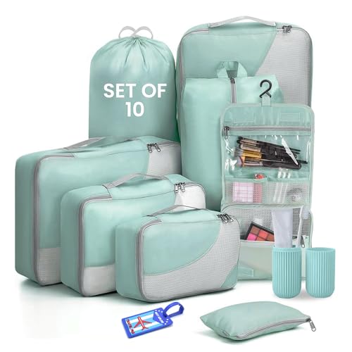 Image of OCEANEVO Set of 10 Pcs Packing Cubes for Travel | Includes Luggage Tag and Toothbrush Holder | Suitcase Organizer for Travelling for Clothes, Shoes and Lingerie | Model 3.0 - Sky Blue-1 Year Warranty
