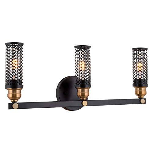 Kira Home Manhattan 22.5" 3-Light Mid Century Modern Bathroom/Vanity Light + Cylinder Honeycomb Shades, Warm Brass Accents + Black Finish