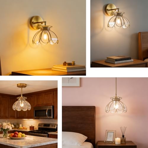 Image of Vintage Brass Ceiling Pendant Light with Stained Lotus Flower Clear Glass Shade, Oriental Hanging Lamp or Wall Sconces Dual-Purpose, for Kitchen Island Dining Room Bedroom Living Room-7.9 inch Shade