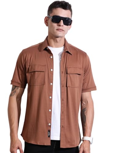 Image of Thomas Scott Men's | Solid | Half Sleeve | Slim Fit | Cotton Blend | Double Flap Pocket | Spread Collar | Casual Shirt