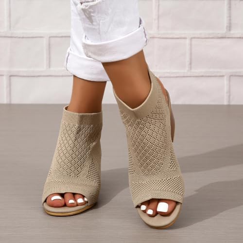 Image of Peep Toe Booties for Women Open Toe Heeled Sandals Knit Cutout Chunky Block Heel Breathable Fashion Shoes US5-11
