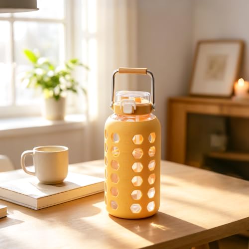Image of MUKOKO 84 oz Glass Water Bottle, Stainless Steel Handle, Yellow