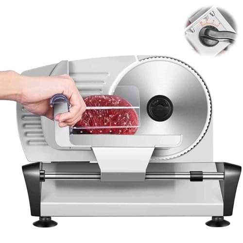 YhsPkh Cortadora De Carne De 200 W (Grosor Ajustable De 1 a 15 Mm) - Cuchillas De Acero Inoxidable De 190 Mm, Cortadora De Carne Eléctrica, para Carne, Queso, Pan Y Verduras,Silver