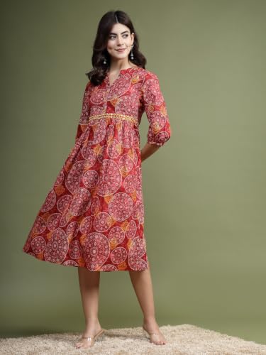 Image of Rama's Women's Printed Cotton One Piece Dress | V-Neck | 3 /4 Sleeves | Empire Waist | Knee Length Casual Dress for Women