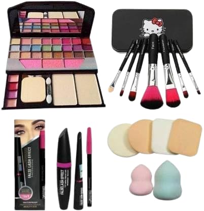 SHISHI TYA 6155 Multicolour Makeup Kit and 7 Black Makeup Brushes Set, 3in1 Eyeliner, Mascara, Eyebrow Pencil with 6 Beauty Blenders