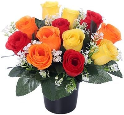 25cm Artificial Yellow Orange & Red Rose Grave Pot with 12 Flower Heads- Vase Insert Memorial