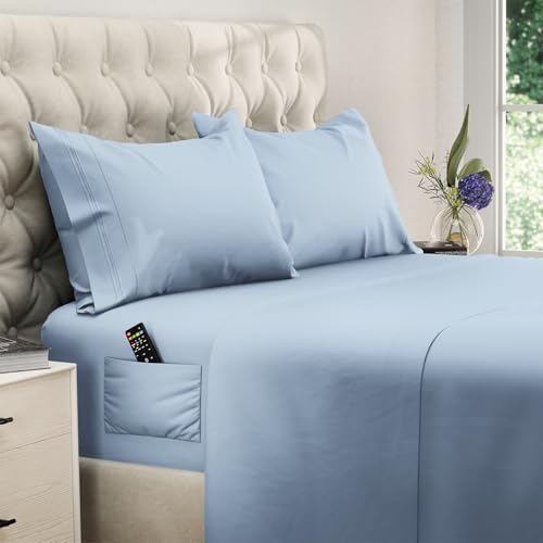 Image of DREAMCARE Queen Sheet Set - 4 pcs Breathable Cooling Sheets - up to 15 inch Deep Pocket Queen Sheets Set with Side Pockets - Extra Soft 100% Brushed Hypoallergenic Hotel Luxury Bedding - Light Blue