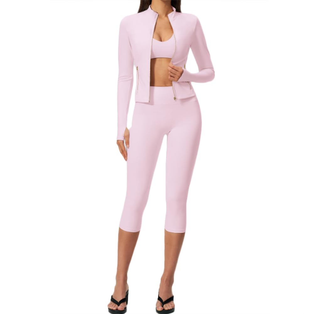 3 pezzi giacca collo alto con zip, reggiseno sportivo e leggings capri | Completo yoga 3 pezzi giacca collo alto con zip e fori per pollici, reggiseno sportivo e leggings capri, tessuto stretch