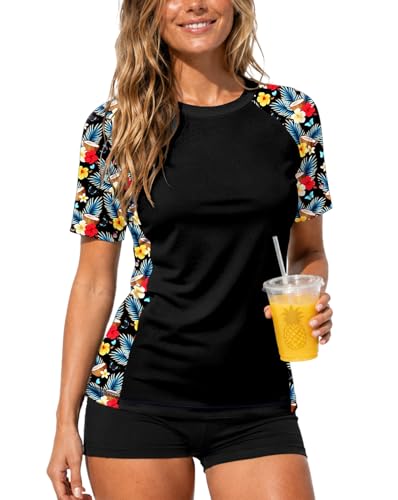 Image of AOBUTE Women Short Sleeve Rash Guard UPF 50+ Tropical Sun Protection Floral Swim Shirts