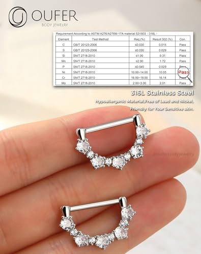 OUFER 2PCS 14G Nipple Rings, 316l Surgical Steel Nipple Piercing Jewelry, Round Clear CZ Nipple Barbells, Clicker Nipple Rings For Women- Silver/Gold3