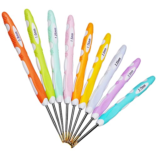 Coopay 9 PCS Small Crochet Hooks Lace Crochet Hooks Ergonomic Soft Grip, 0.8mm-2.75mm Small Size Crochet Hook Set for Thread, Colorful Aluminum Crochet Needles for Crocheting Lace Crochet Needle Set