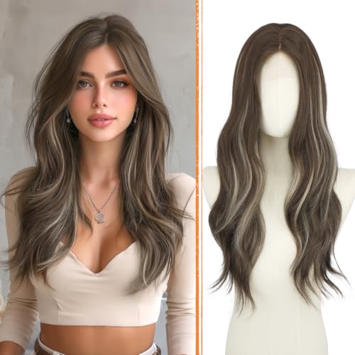 Haloo Brown Wigs with Curtain Bangs - Lace Front Hairline Middle Part Long Layered Natural Looking Wavy Hair Synthetic Women Wig for Daily Party, 22 Inch Brown Mixed Grey Highlight