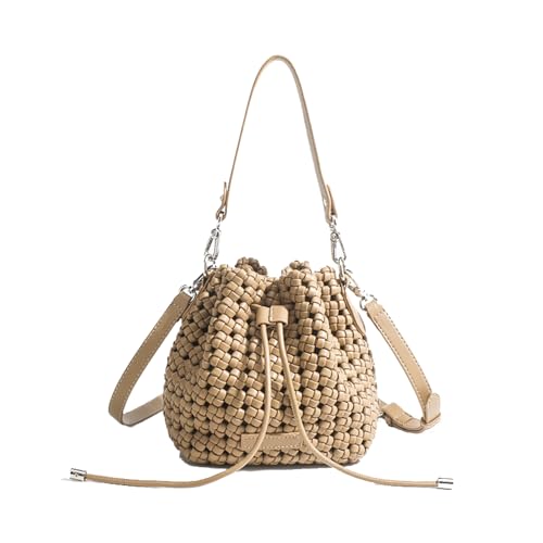 JINMANXUE Fashion Hollow Bucket Tote Bag For Women, Crossbody Female Handbag Woven Silk bag Leisure Leather Shoulder Bag (P-Khaki)