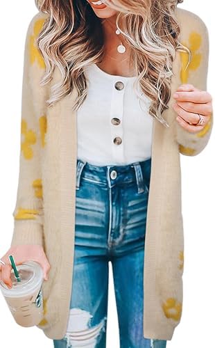 ECOWISH Women Cardigan Sweaters Long Floral Striped Winter Fall Long Sleeve Open Front Cozy Knitted Daisy Fuzzy Coats Outwear