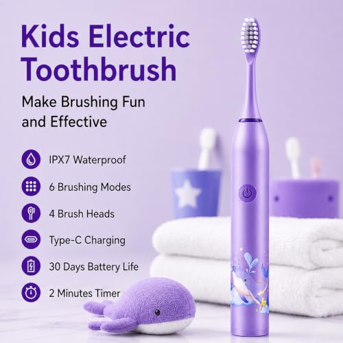 Image of Sonic Electric Toothbrush for Kids with 6 Modes, 4 Brush Heads & Rechargeable Battery, Ultra Soft Nylon Bristles, IPX7 Waterproof, Electric Power Tooth brush (Purple)