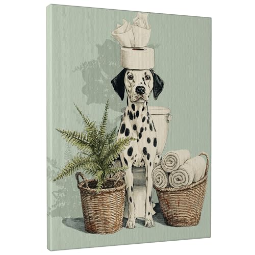 Vintage Dog Canvas Wall Art, Green Dalmatian Bathroom Decor, Quirky