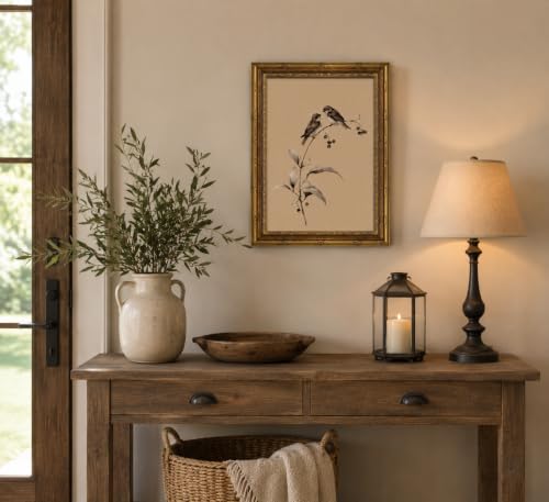 Image of Gold Framed 3D Textured Wall Art, Vintage Sketch Birds on Branch Canvas Prints, Minimalist Love Bird Pictures Decor, Neutral Botanical Birds Gallery Artwork for Living Room Bedroom Bathroom 12x16inch