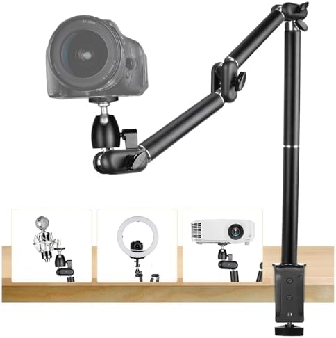 TARION Overhead Tripod Camera Desk Mount 360° Flexible Articulating Arm with 3/8'' Screw and 3/8'' to 1/4'' Screw for DSLR Cameras Projector Ring Light (L),Black