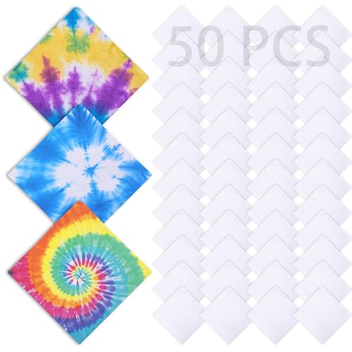 50 PCS 100% Cotton White Bandana bulk for tie dye blank bandanas pack cotton handkerchiefs Unisex Bandanas Men Head Wrap (50)