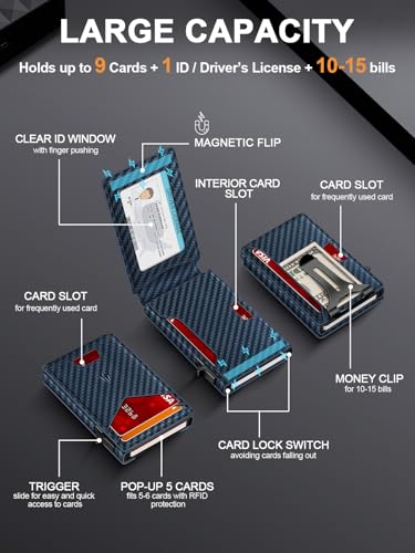 Image of Wallet for Men, Slim Minimalist Wallet with Money Clip&ID Window, RFID Blocking Pop-Up Credit Card Holder, Smart Auminum Mens Wallet Holds 9-13 Cards (Gift Box) (Blue Carbon Fiber)