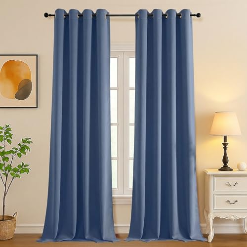 Image of Simplebrand Denim Room Darkening Curtains for Bedroom Living Room 108 Inches Long 2 Panels Set, Thermal Insulated Curtains & Drapes, Solid Grommet Noise Reducing Window Treatment, W50 x L108 Inch