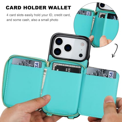 Bocasal Crossbody Wallet Case for iPhone 17 Pro, RFID Blocking PU Leather Zipper Handbag Purse Flip Cover, Kickstand Folio Case with Card Slots Holder Wrist Strap Lanyard 5G 6.3 Inch (Mint Green) by Bocasal - Image 4