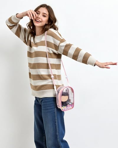 Image of Clear Figure Display Bag with Keychain for Doll, Protective Case for Plush Doll, Clear Hanging Display Cases, Crossbody Doll Storage Bag, PVC Storage Case Cover for Figures Dolls (Pink, Middle)