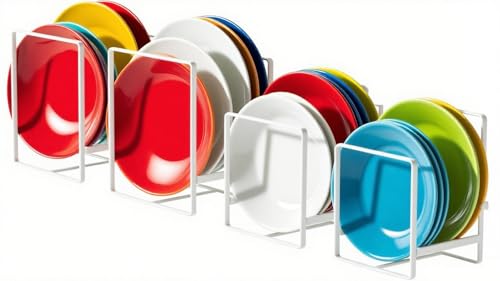 DAJAVE Lot de 4 organiseurs d'assiettes placard, porte-assiettes tiroir étagère à assiettes cuisine, support porte-assiettes en métal Plate Holder pour le...
