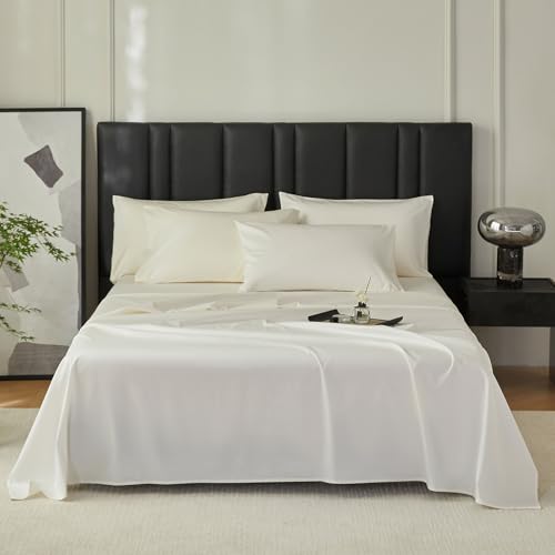 DCSKY Full Sheet Set - 100% Cotton Sheets - Ultra Soft Breathable Wrinkle Resistant Bedding Set with 1 Plain Sheet, 1 Fitted Sheet and 2Pillowcase - 15in Deep Pocket (White)