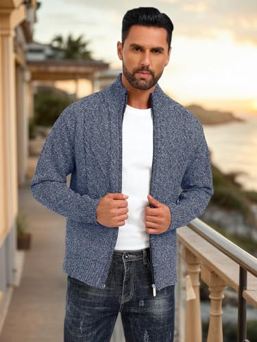 Les umes Mens Knitted Full Zipper Cardigan Fleece Lined Sweater Warm Stand Collar Jumper Coat with Pockets2