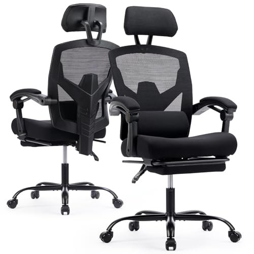 Image of Ergonomic Office Chair with Footrest, High Back Home Desk Computer Chair with Lumbar Support & Headrest, 90-135 Reclining Mesh Back with Wheels for Work, Gaming, Black