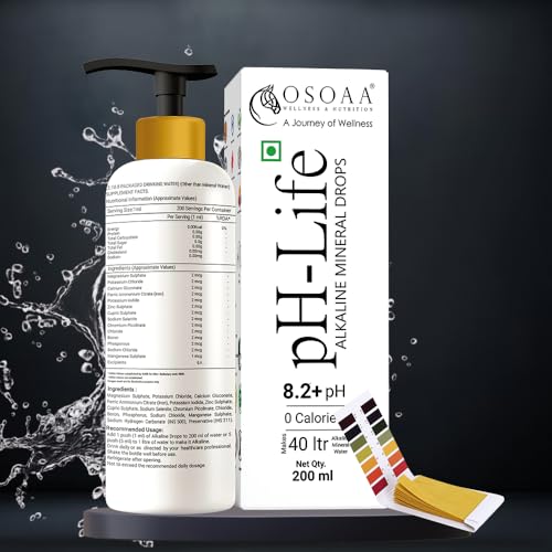 OSOAA Ph-Life Vegetarian Alkaline Mineral Water Drops (200Ml)|Makes 40L Alkaline Water|8.2+ Ph Booster Drops For Ro Water|14 Minerals,0 Calorie|Drinking Water Enhancer Liquid