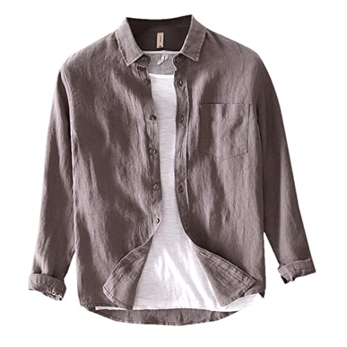 Chemise en lin homme gris L - Haut léger manches longues style casual pour été