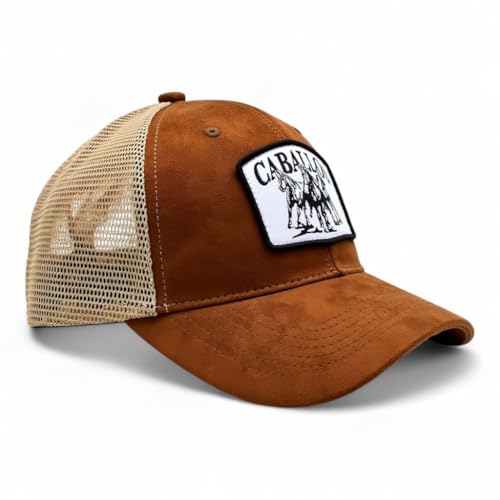 Image of Baseball Cap for Men Original Adjustable Unisex Cap, Mens Caps Stylish, Brown Suede Cap with Net Back, Structured 6 Panel Trucker Hat, Caballos
