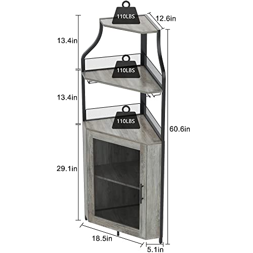 Amyove Corner Wine Bar Cabinet with Detachable Wine Rack, Industrial Wine Cabinet with Glass Holder, Small Sideboard and Liquor Coffee Bar Cabinet with Mesh Door, Grey