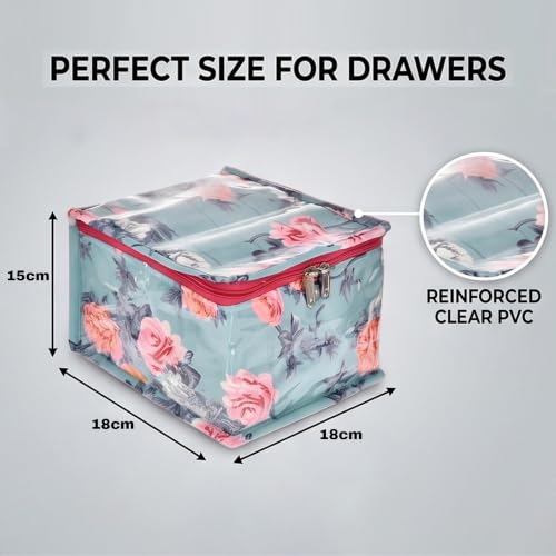 Image of Kuber Industries PVC Flower Print Jewellery Organizer Box & 10 Detachable Transparent Pouch | Cushioned All 10 Packet Storing Small Accessorie | Green