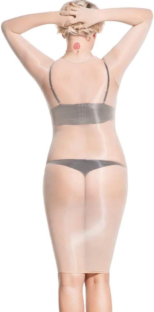 leesuo Women's Plus Size 8D Shiny Glossy Bodystocking Nylon Sheer Bodysuit Catsuit Transparent Silky Dress with Gloves Beige