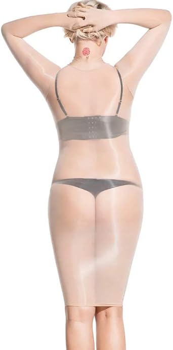 leesuo Womens Plus Size 8D Shiny Glossy Bodystocking Nylon Sheer Bodysuit Catsuit Transparent Silky Dress with Gloves Beige