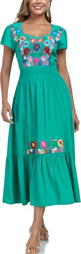 Image of Women's Summer Maxi Dress Casual Floral Embroidered Round Neck Short Sleeve Ruffle Tiered Dress Flowy Boho Beach Sundress