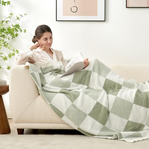 Snuggle Sac Checkered Blanket, Sage Green Throw Blanket For Couch Plaid Microfiber Fluffy Warm Cozy Fuzzy Soft Throw Blanket Reversible Checker Blankets For Sofa, Chair, Bed thumb #2