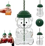 Taza de cristal con tapa y pajita, bonita taza para café y té con leche, vasos transparentes en forma de oso