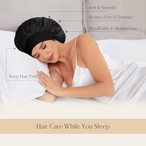 Image of 4 Pcs Double Layer Reversible Satin Bonnet, Large Sleeping Hair Bonnet, Soft Night Sleep Cap for Men, Women, Curly Hair and Braids, Black, Navy, Royal Blue, Wine Red