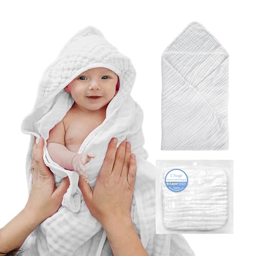 Image of L'Ange Muslin Hooded Baby Towel - Infant Bath Towel with Hood for Newborn Babies Boy or Girl - 100% Cotton - Pack of 1 - Ready to Use Medical Grade Packaging - 6 Layers - White - 31.5x31.5 in