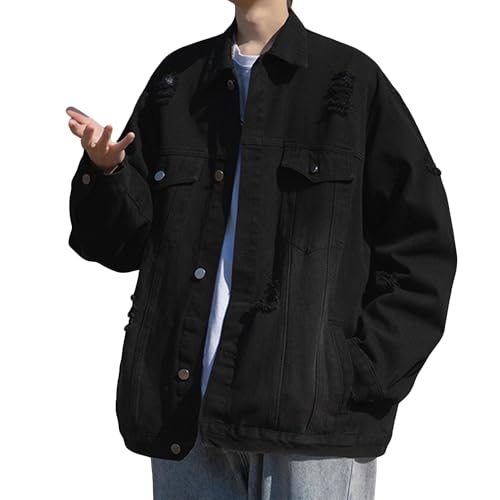 Veste en jean déchirée homme manches longues blouson denim bleu délavé avec boutons veste rétro