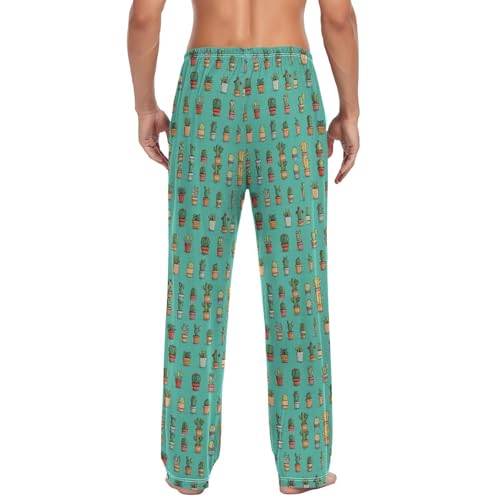 Men’s Cactus Pattern Pajama Pants with Pockets, Comfortable Lounge Sleep Bottoms#3772