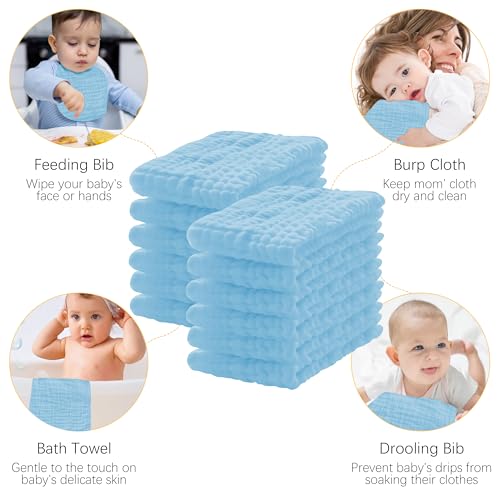 Image of Lovely Care 12 Pack Muslin Burp Cloths 100% Cotton Muslin Cloths Large 20''x10'' Extra Soft and Absorbent Baby Burping Cloth - Aqua