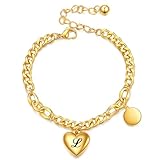 HIJONES Mujer Acero Inoxidable Pulsera Eslabón Inicial Grabada con Láser 26 Letras Dije Corazón Ajustable Regalo de Joyería para Ella Oro L